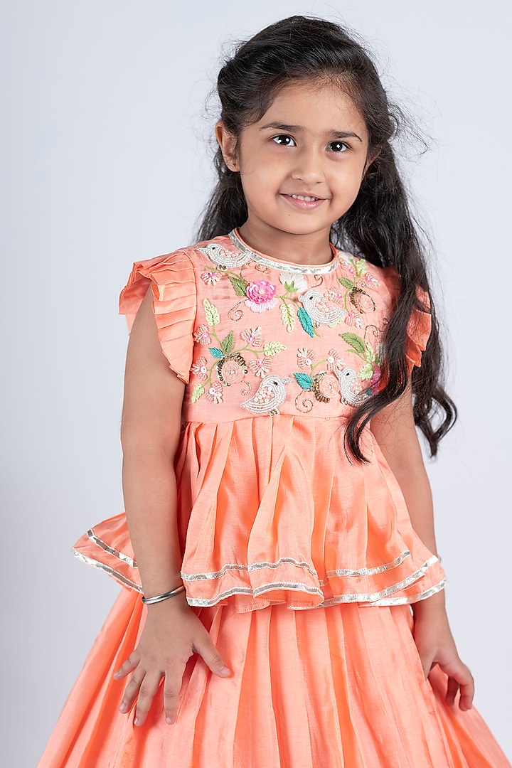Peach Silk Lehenga Set For Girls by Li'l Angels at Pernia's Pop Up Shop