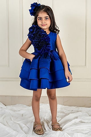 Royal Blue Samu Silk Ruffled Dress For Girls by Li'l Angels