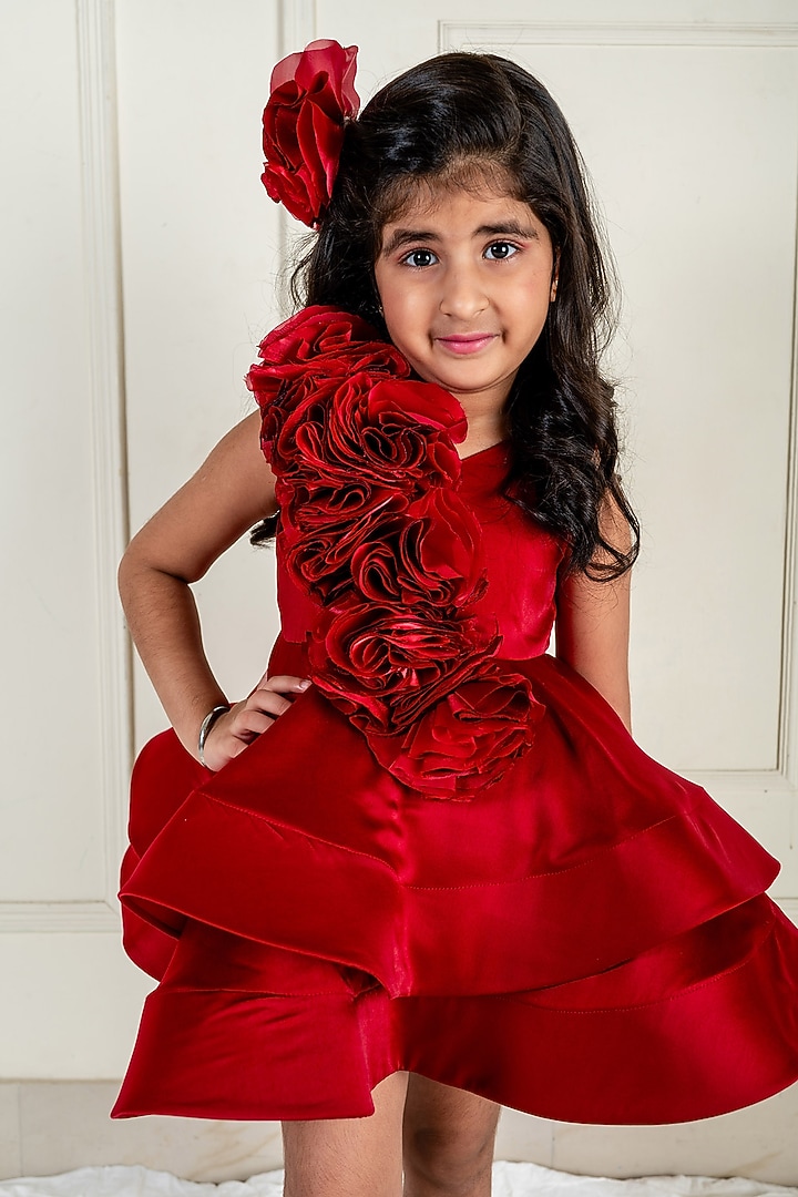 Maroon Milano Satin Ruffled Dress For Girls by Li'l Angels at Pernia's Pop Up Shop