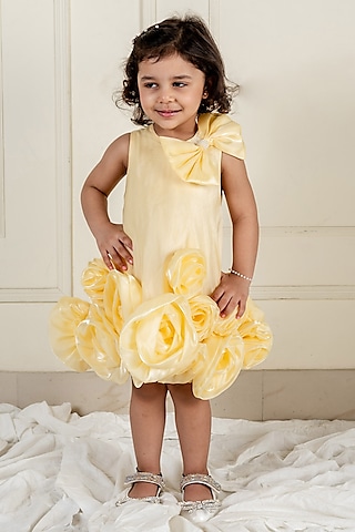 Yellow Satin Organza Floral Dress For Girls by Li'l Angels
