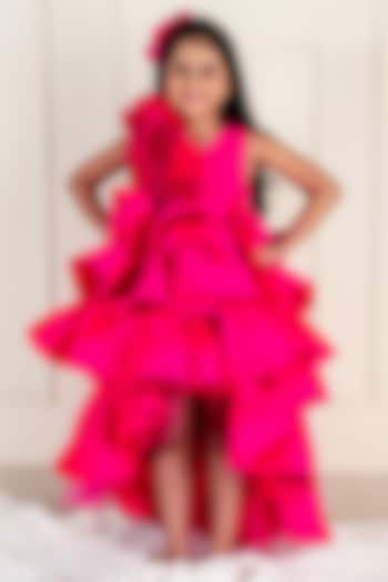 Hot Pink Samu Silk Printed & Embroidered High-Low Gown For Girls by Li'l Angels at Pernia's Pop Up Shop