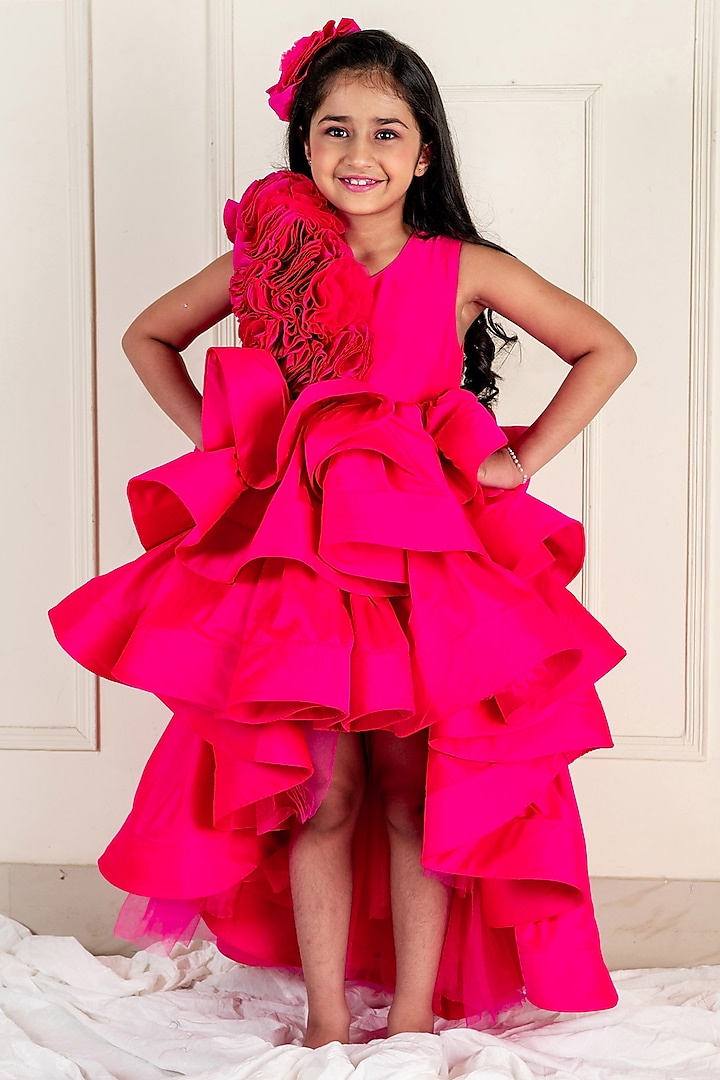 Hot Pink Samu Silk Printed & Embroidered High-Low Gown For Girls by Li'l Angels at Pernia's Pop Up Shop