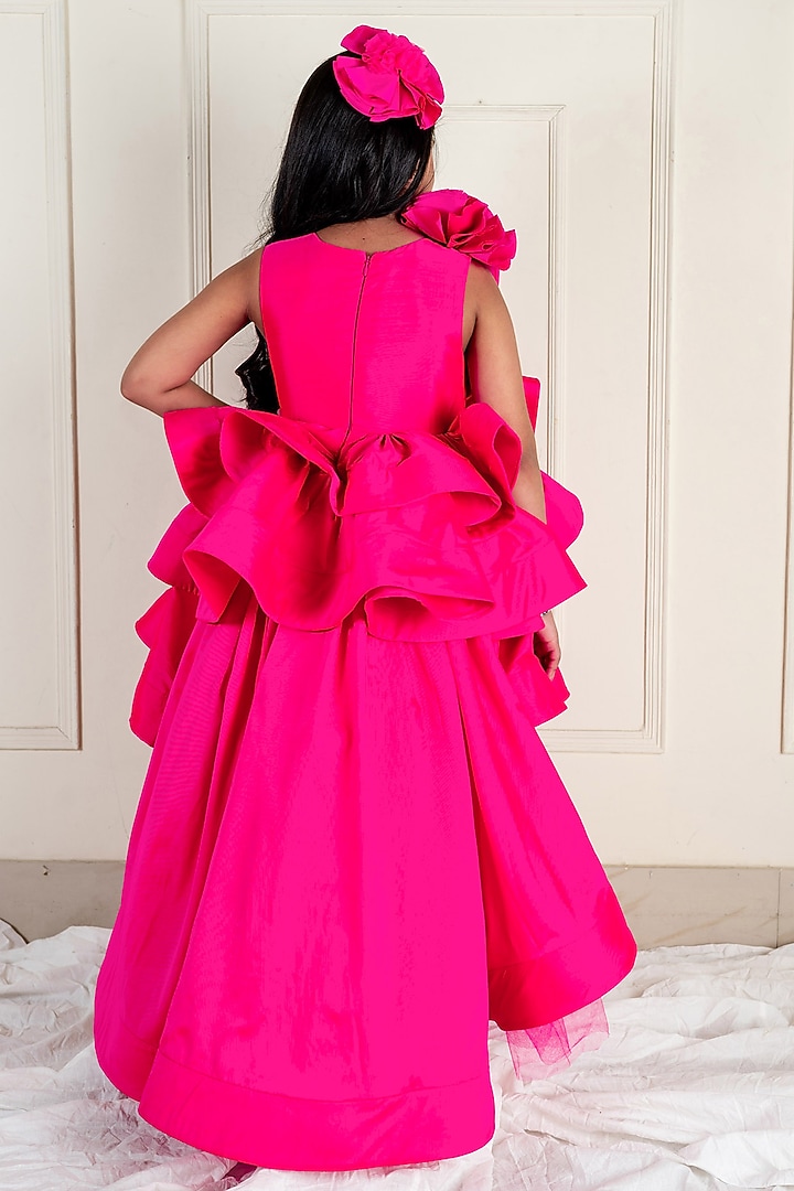 Hot Pink Samu Silk Printed & Embroidered High-Low Gown For Girls by Li'l Angels at Pernia's Pop Up Shop