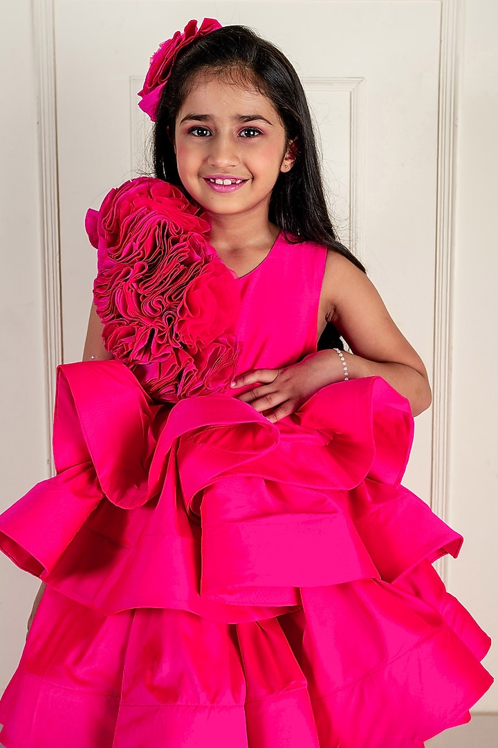 Hot Pink Samu Silk Printed & Embroidered High-Low Gown For Girls by Li'l Angels at Pernia's Pop Up Shop