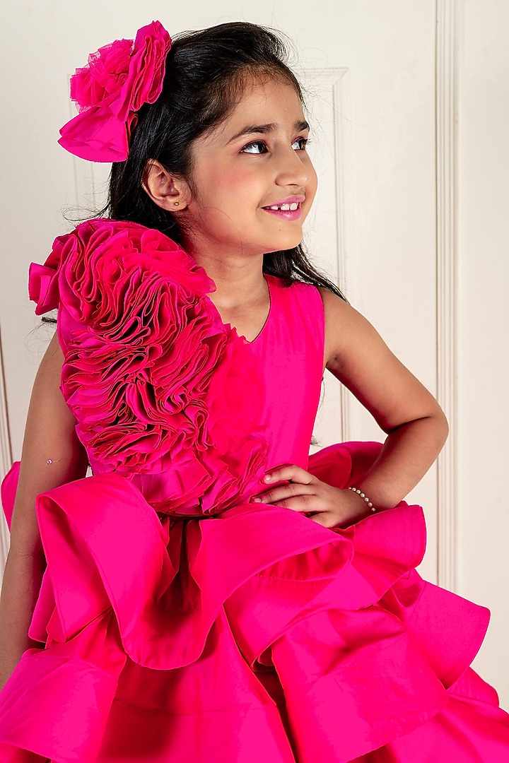 Hot Pink Samu Silk Printed & Embroidered High-Low Gown For Girls by Li'l Angels at Pernia's Pop Up Shop