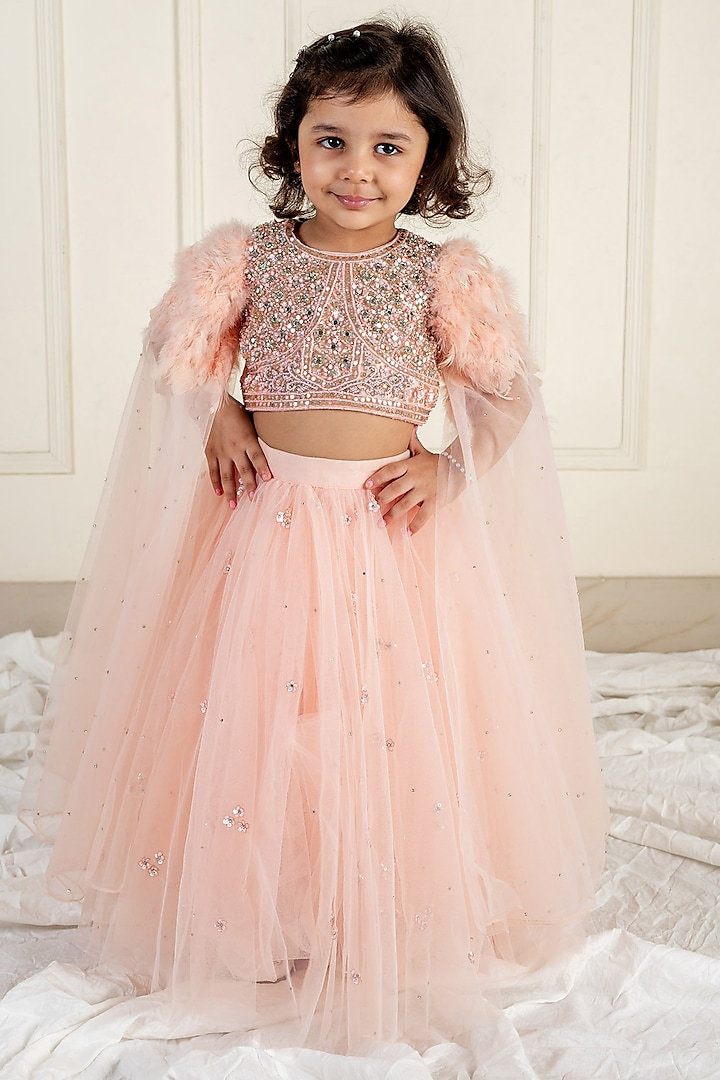 Peach Net Lehenga Set For Girls by Li'l Angels at Pernia's Pop Up Shop