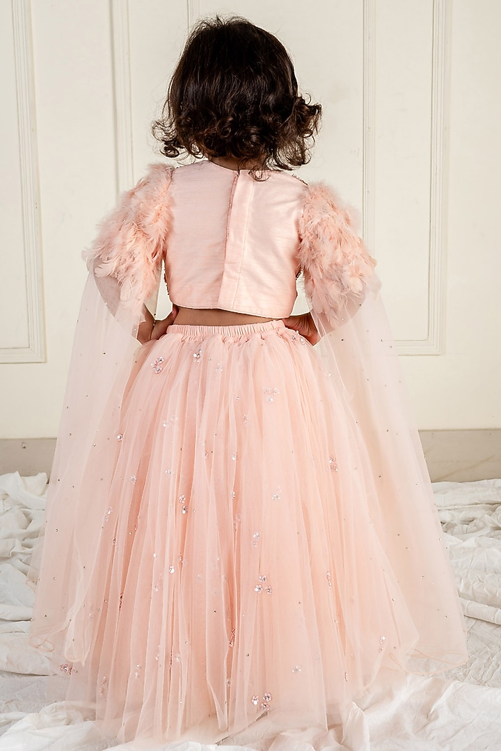 Peach Net Lehenga Set For Girls by Li'l Angels at Pernia's Pop Up Shop