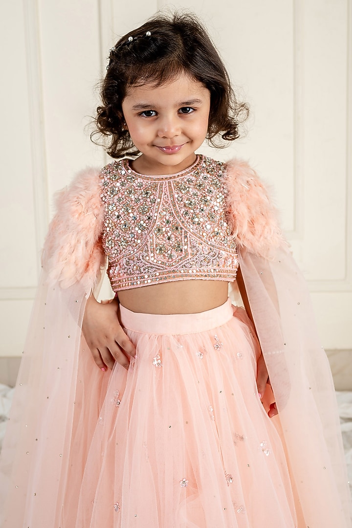 Peach Net Lehenga Set For Girls by Li'l Angels at Pernia's Pop Up Shop