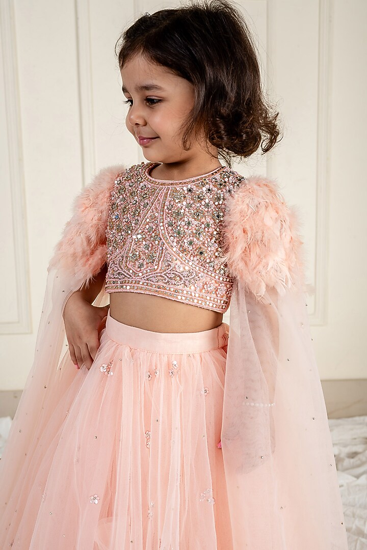 Peach Net Lehenga Set For Girls by Li'l Angels at Pernia's Pop Up Shop