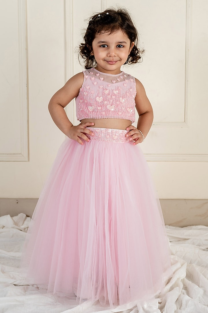 Pink Peach Net Lehenga Set For Girls by Li'l Angels at Pernia's Pop Up Shop