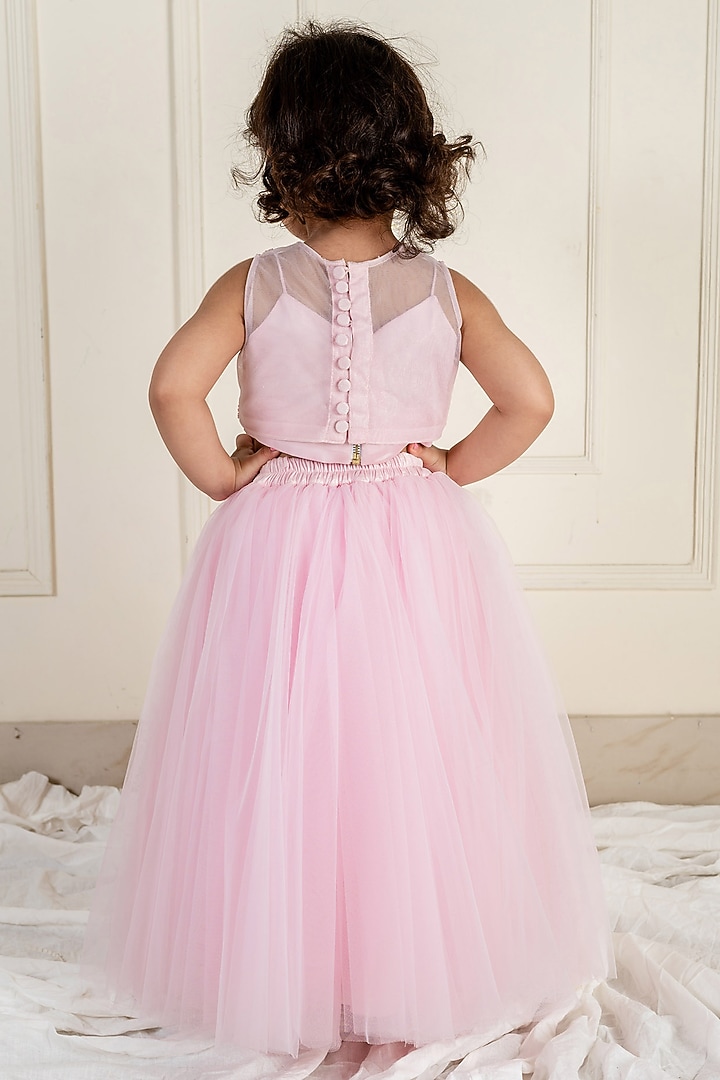 Pink Peach Net Lehenga Set For Girls by Li'l Angels at Pernia's Pop Up Shop