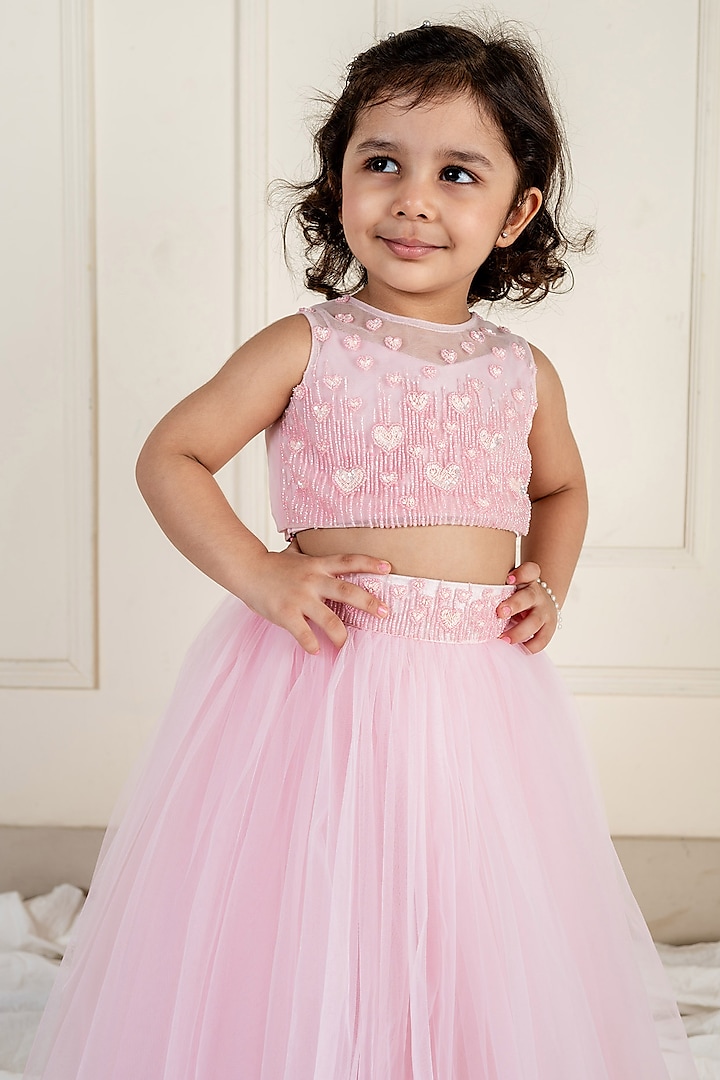 Pink Peach Net Lehenga Set For Girls by Li'l Angels at Pernia's Pop Up Shop