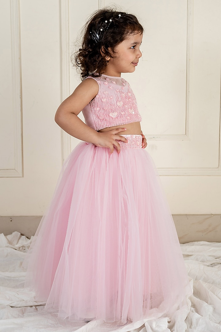 Pink Peach Net Lehenga Set For Girls by Li'l Angels at Pernia's Pop Up Shop