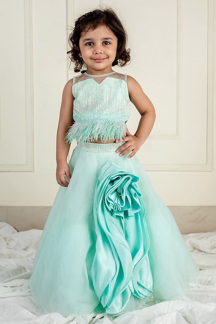 Sea Green Net Lehenga Set For Girls by Li'l Angels at Pernia's Pop Up Shop