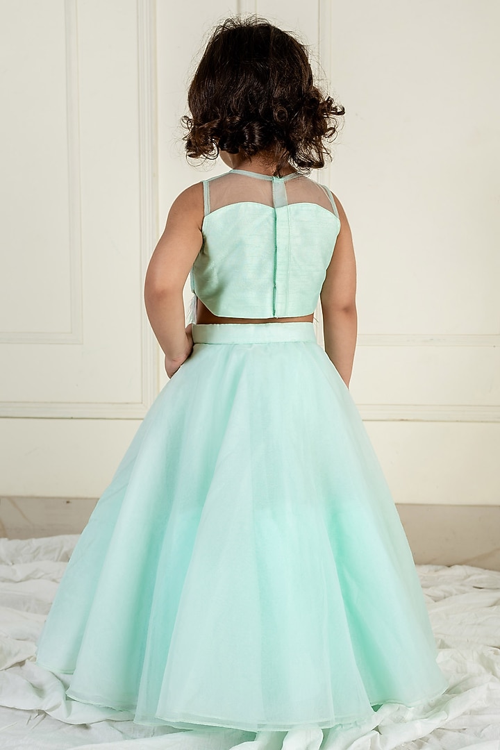 Sea Green Net Lehenga Set For Girls by Li'l Angels at Pernia's Pop Up Shop