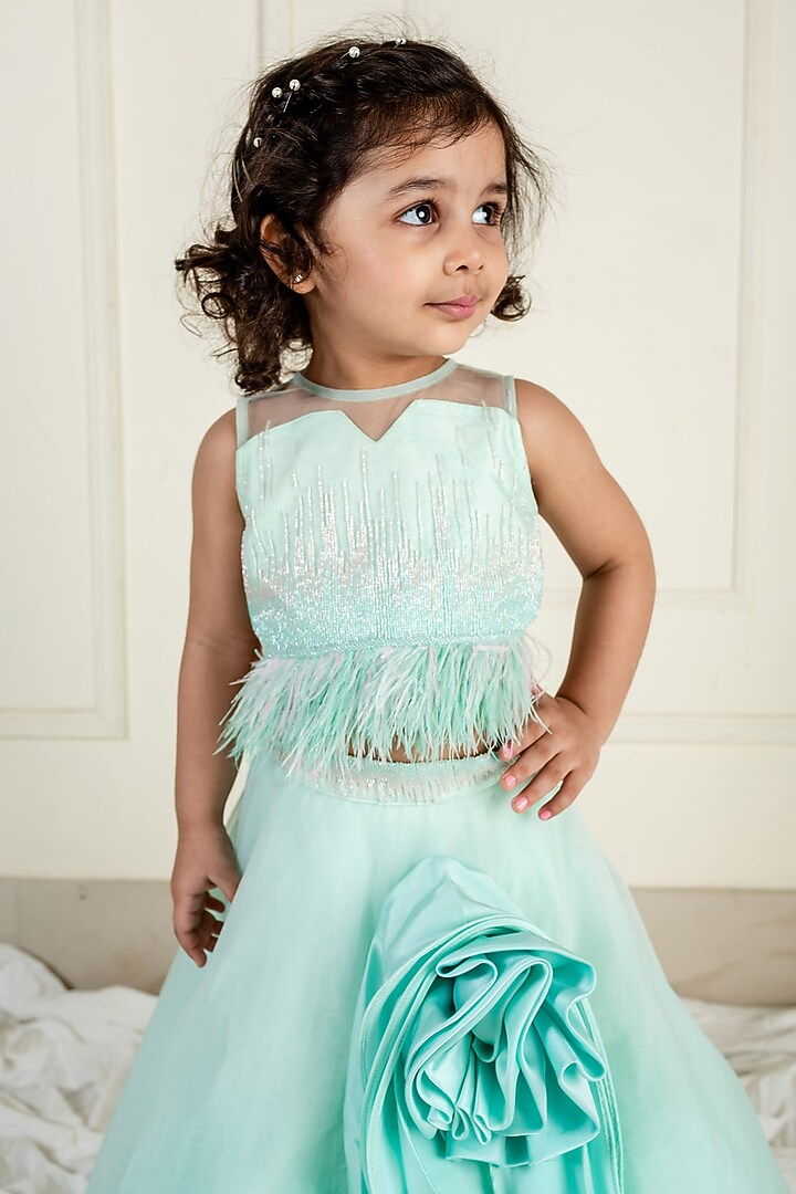 Sea Green Net Lehenga Set For Girls by Li'l Angels at Pernia's Pop Up Shop