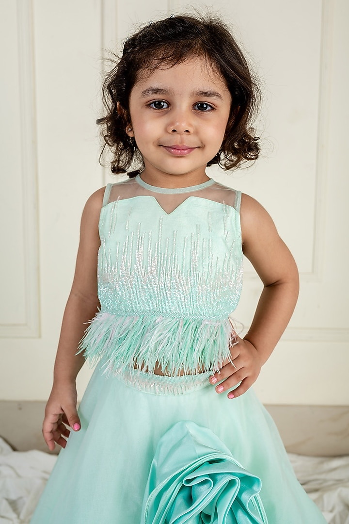 Sea Green Net Lehenga Set For Girls by Li'l Angels at Pernia's Pop Up Shop