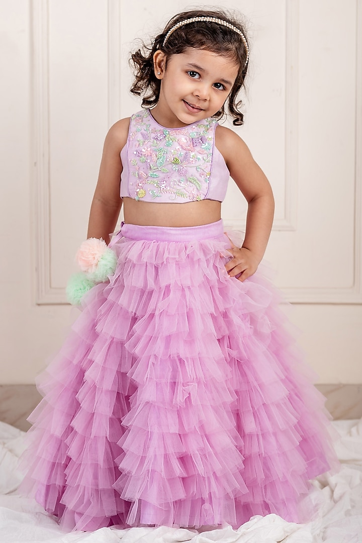 Lilac Net Frilled Lehenga Set For Girls by Li'l Angels at Pernia's Pop Up Shop