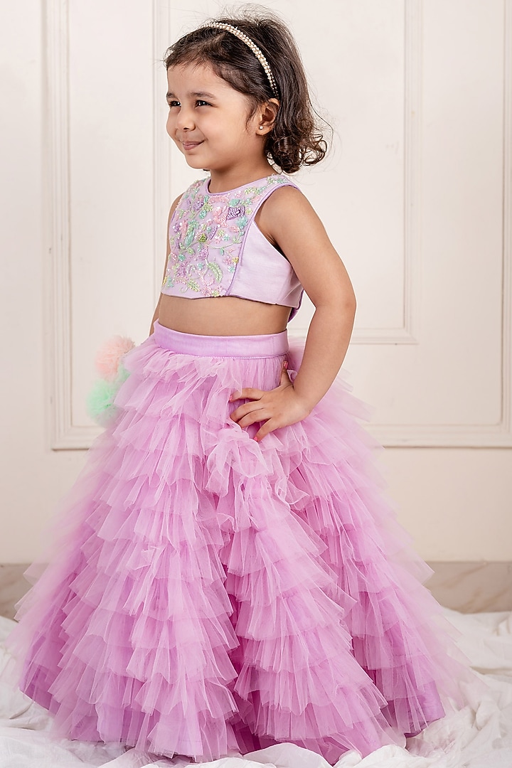 Lilac Net Frilled Lehenga Set For Girls by Li'l Angels at Pernia's Pop Up Shop