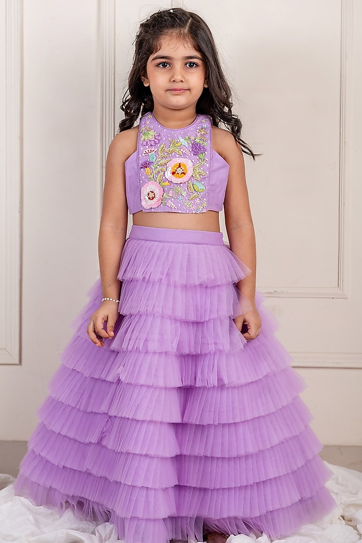 Lilac Net Frilled Lehenga Set For Girls by Li'l Angels at Pernia's Pop Up Shop