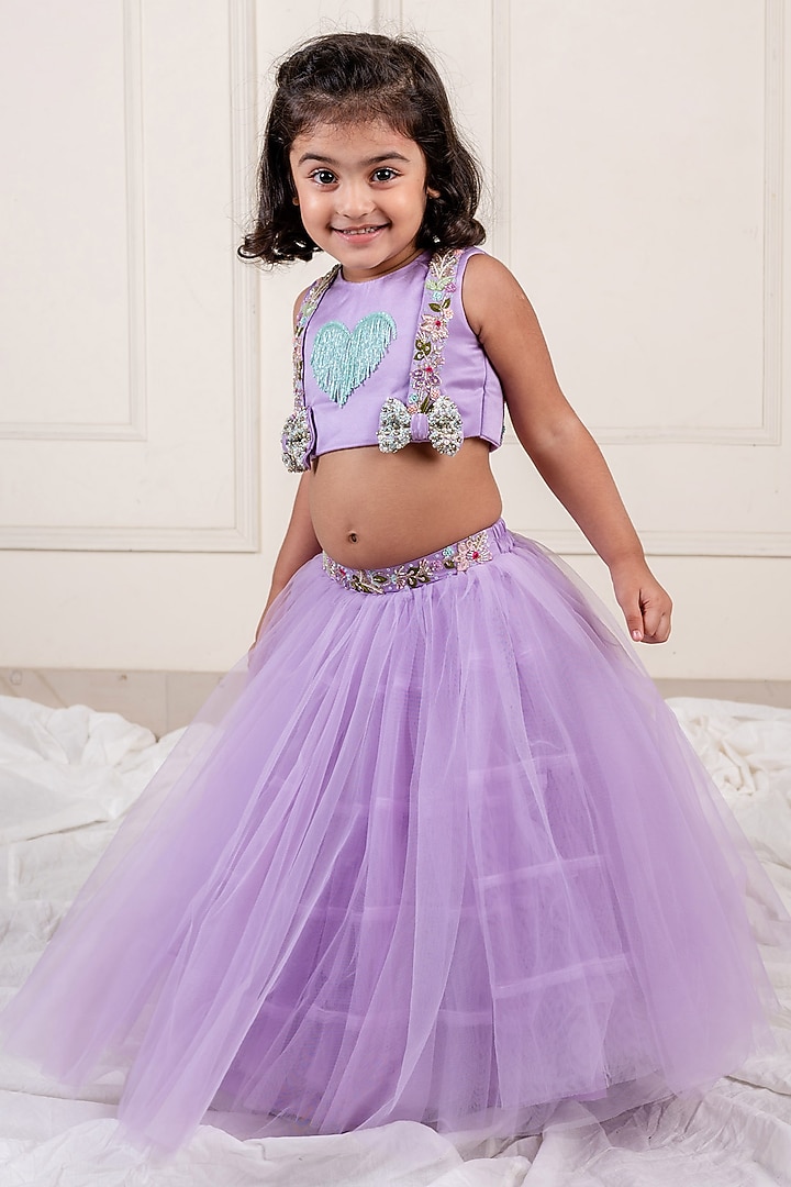 LIlac Net Embroidered Lehenga Set For Girls by Li'l Angels at Pernia's Pop Up Shop