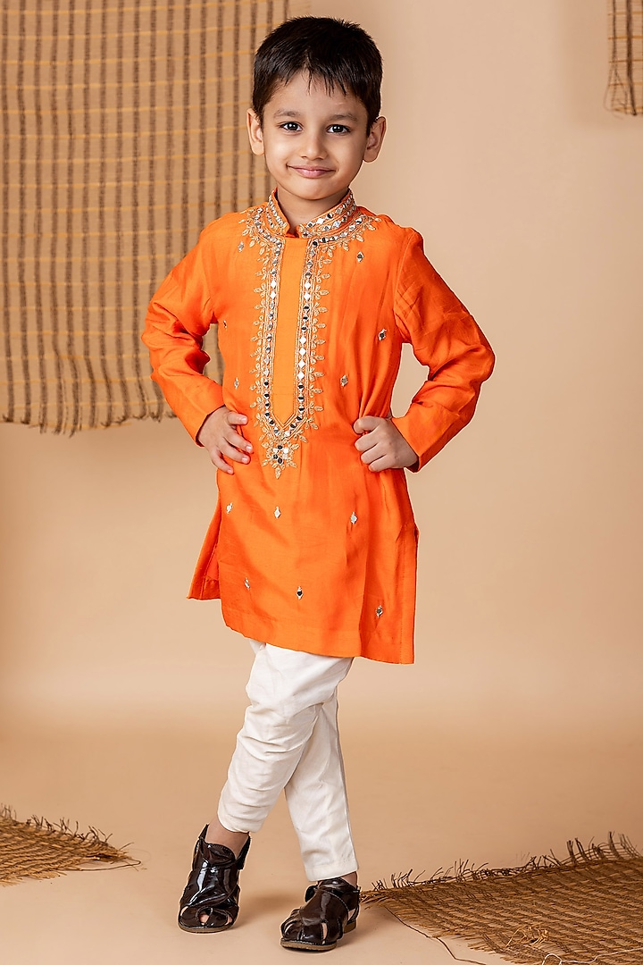 Orange Dola Silk Embroidered Kurta Set For Boys by Li'l Angels