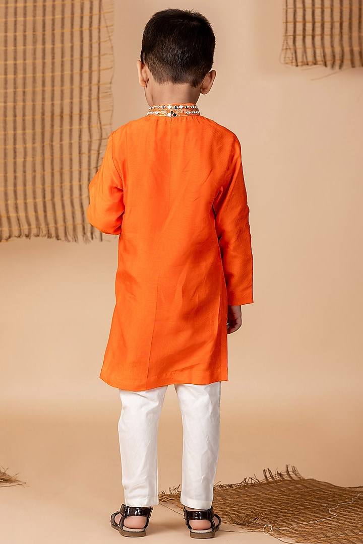Orange Dola Silk Embroidered Kurta Set For Boys by Li'l Angels at Pernia's Pop Up Shop
