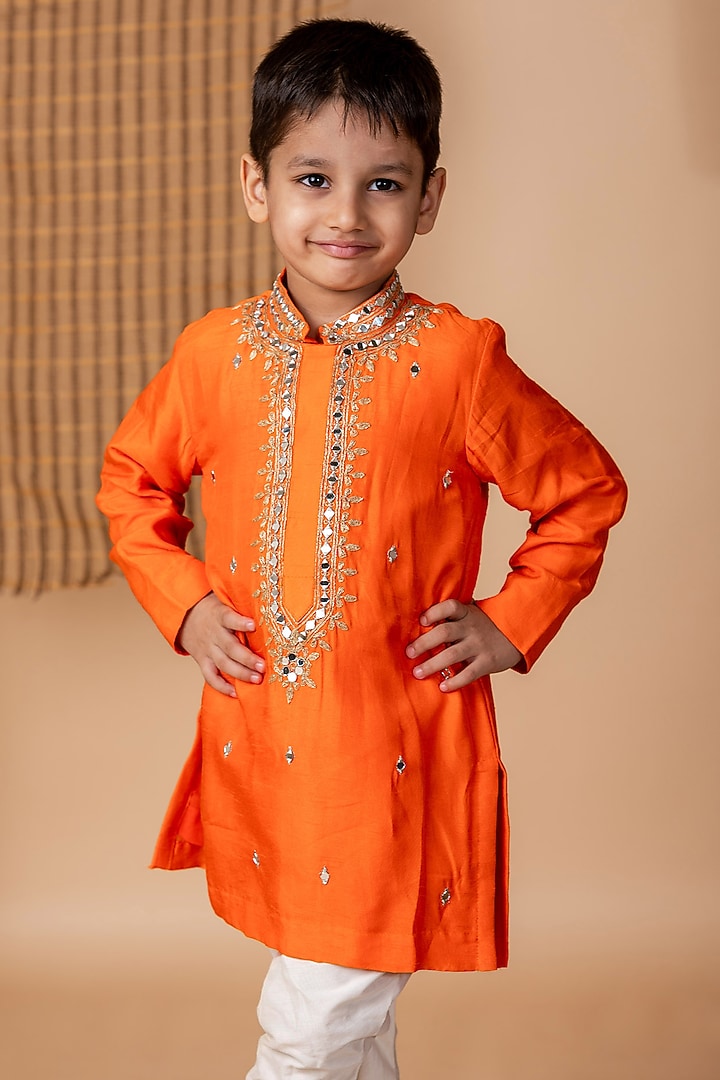 Orange Dola Silk Embroidered Kurta Set For Boys by Li'l Angels at Pernia's Pop Up Shop