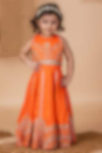 Orange Roman Silk Embroidered Lehenga Set For Girls by Li'l Angels at Pernia's Pop Up Shop