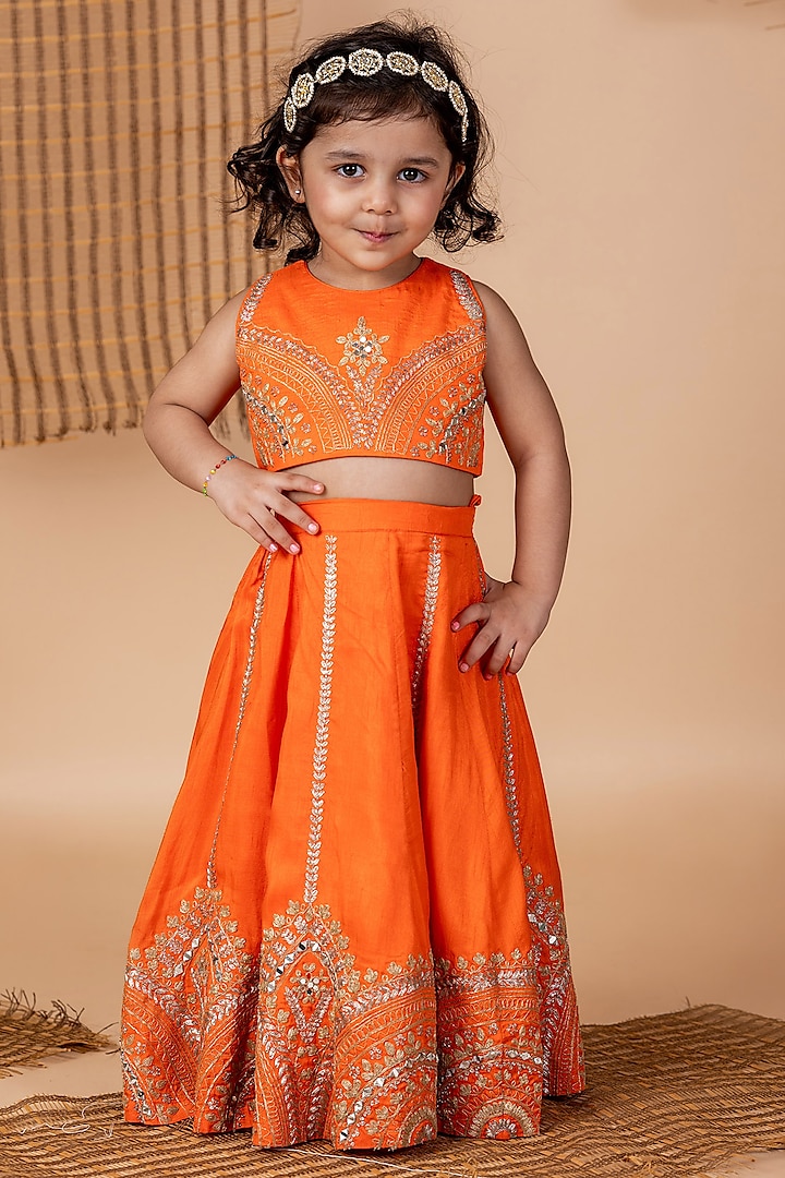 Orange Roman Silk Embroidered Lehenga Set For Girls by Li'l Angels at Pernia's Pop Up Shop