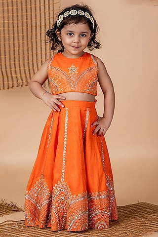 Orange Roman Silk Embroidered Lehenga Set For Girls by Li'l Angels