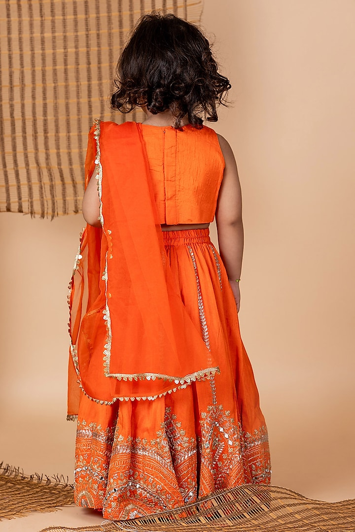 Orange Roman Silk Embroidered Lehenga Set For Girls by Li'l Angels at Pernia's Pop Up Shop