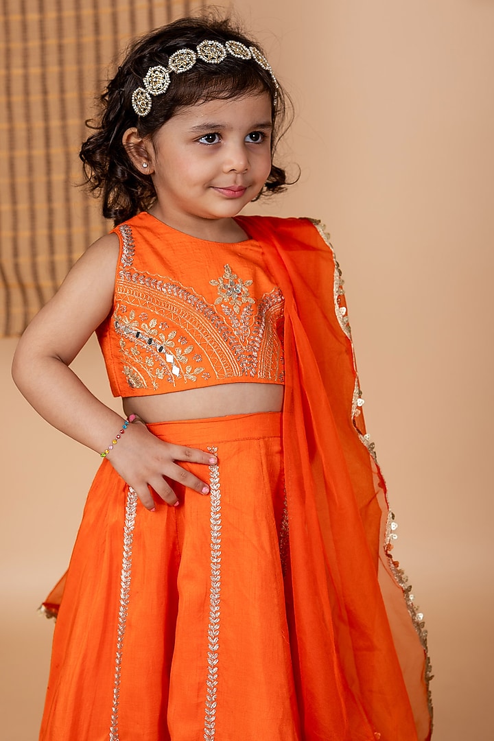 Orange Roman Silk Embroidered Lehenga Set For Girls by Li'l Angels at Pernia's Pop Up Shop