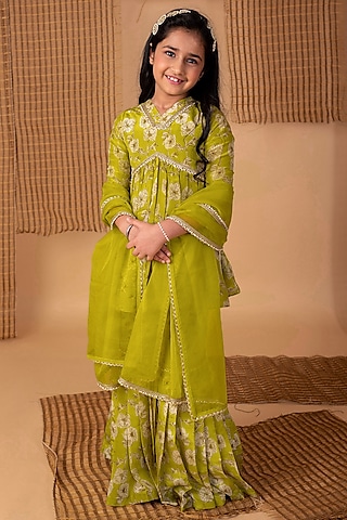 Green Viscose Tissue Printed Sharara Set For Girls by Li'l Angels