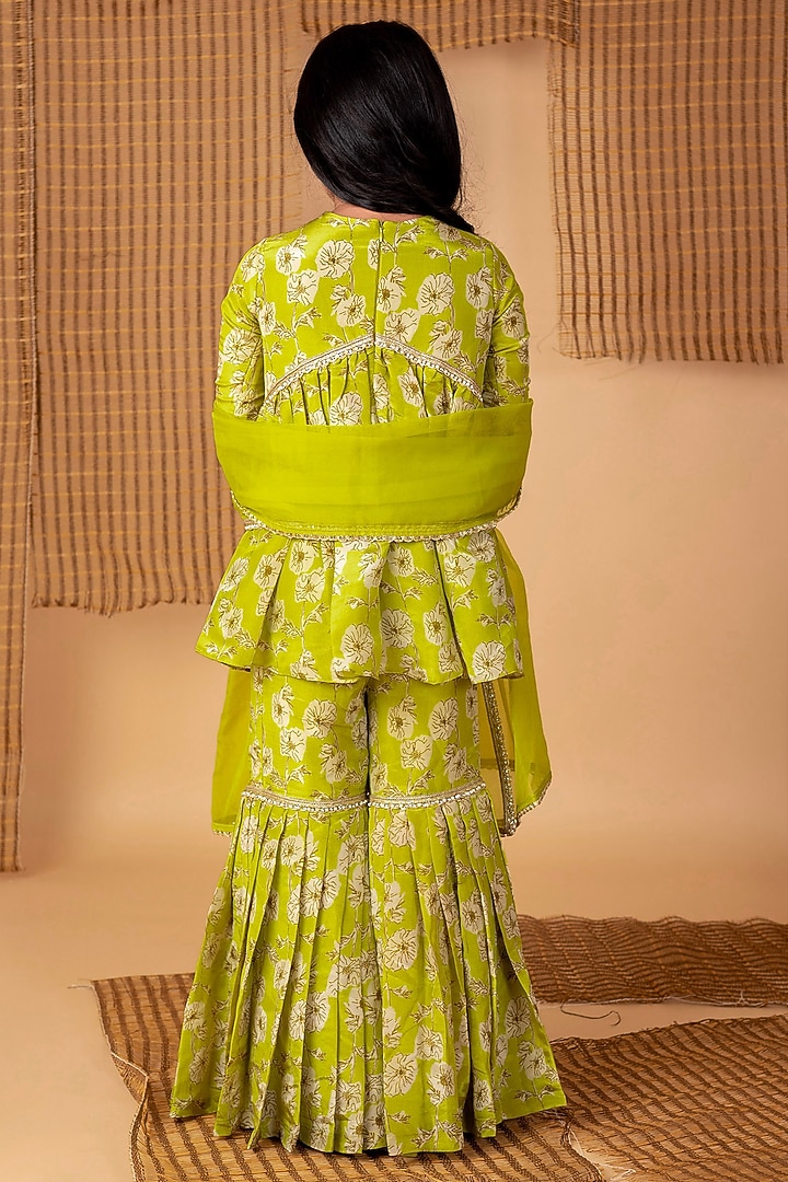Green Viscose Tissue Printed Sharara Set For Girls by Li'l Angels at Pernia's Pop Up Shop