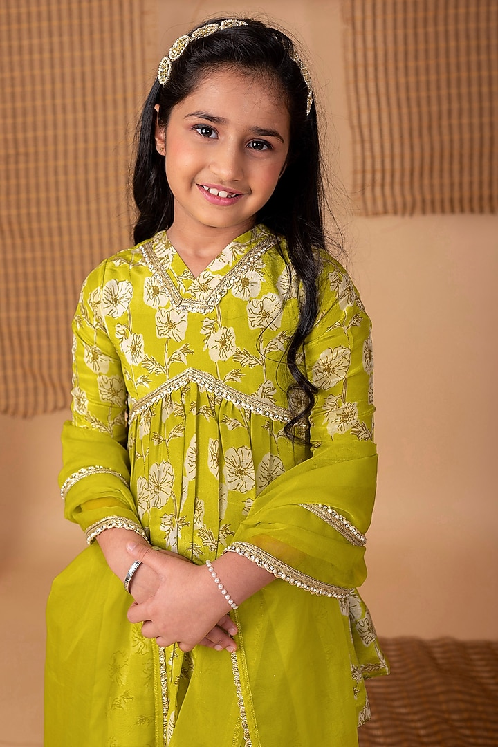 Green Viscose Tissue Printed Sharara Set For Girls by Li'l Angels at Pernia's Pop Up Shop