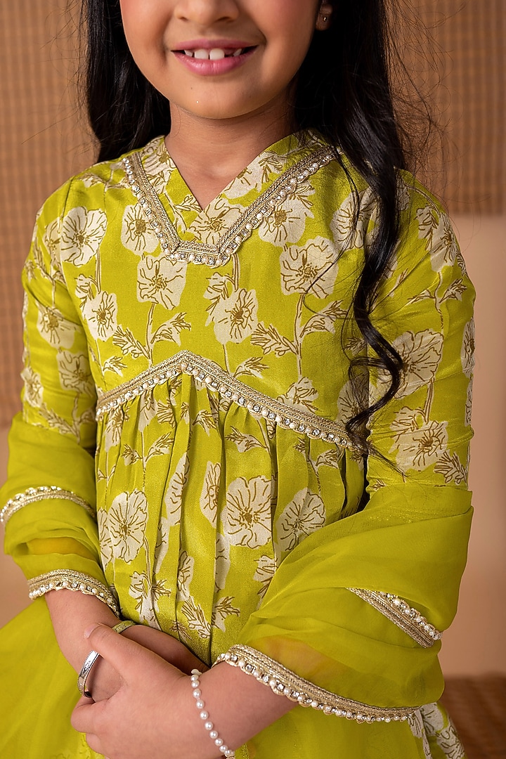 Green Viscose Tissue Printed Sharara Set For Girls by Li'l Angels at Pernia's Pop Up Shop