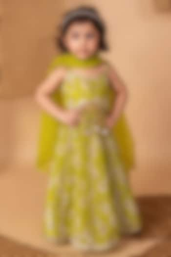 Green Viscose Tissue Printed Lehenga Set For GIrls by Li'l Angels at Pernia's Pop Up Shop