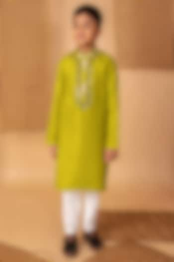 Green Roman Silk Embroidered Kurta Set For Boys by Li'l Angels at Pernia's Pop Up Shop