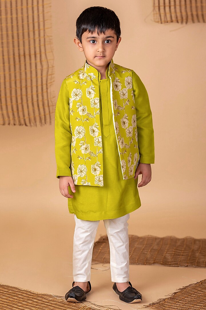 Green Cotton Silk Floral Printed Jacket Set For Boys by Li'l Angels at Pernia's Pop Up Shop