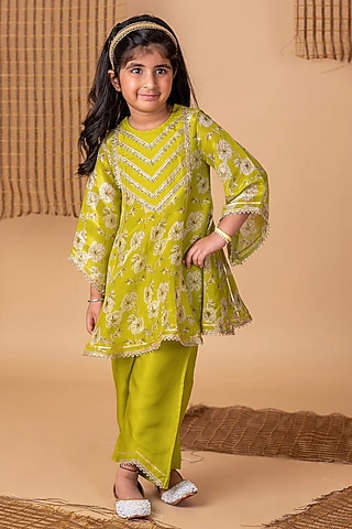 Green Viscose Tissue Floral Printed Kurta Set For Girls by Li'l Angels