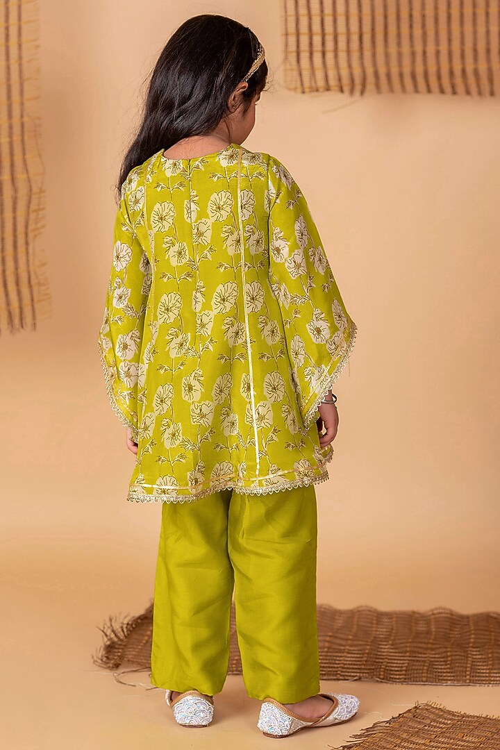 Green Viscose Tissue Floral Printed Kurta Set For Girls by Li'l Angels at Pernia's Pop Up Shop