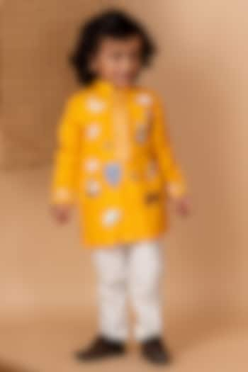 Yellow Roman Silk Embroidered Kurta Set For Boys by Li'l Angels