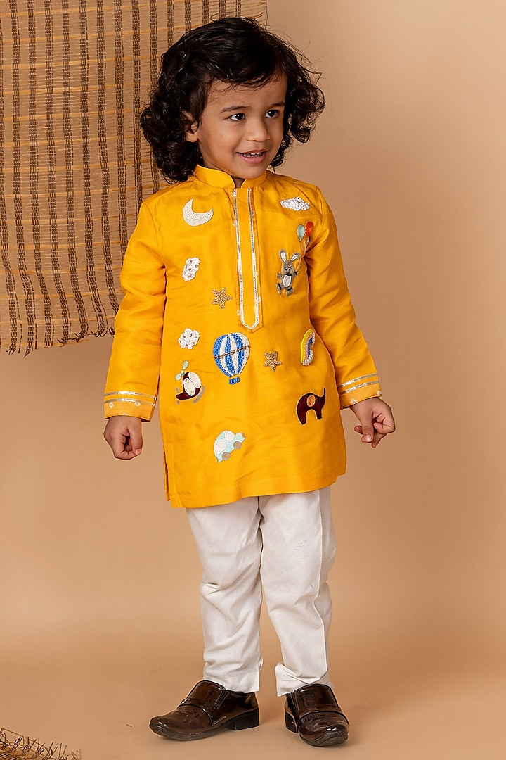 Yellow Roman Silk Embroidered Kurta Set For Boys by Li'l Angels