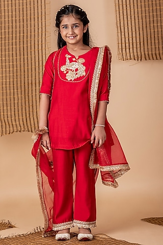 Red Roman Silk Embroidered Kurta Set For Girls by Li'l Angels