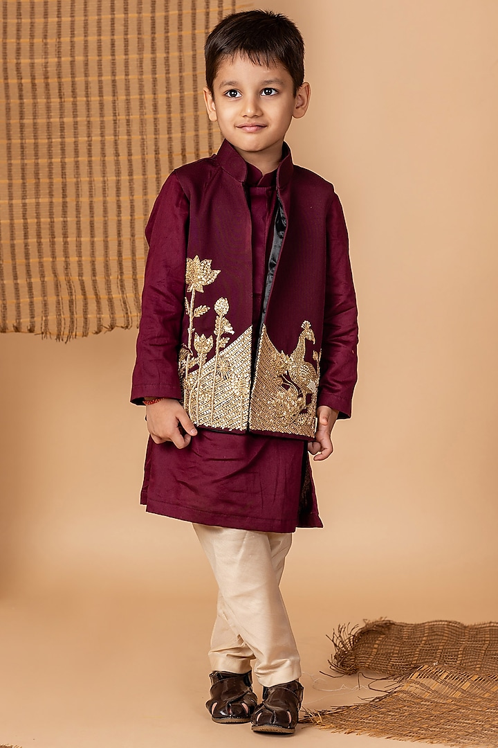 Wine Cotton Silk Dori Hand Embroidered Jacket Set For Boys by Li'l Angels at Pernia's Pop Up Shop