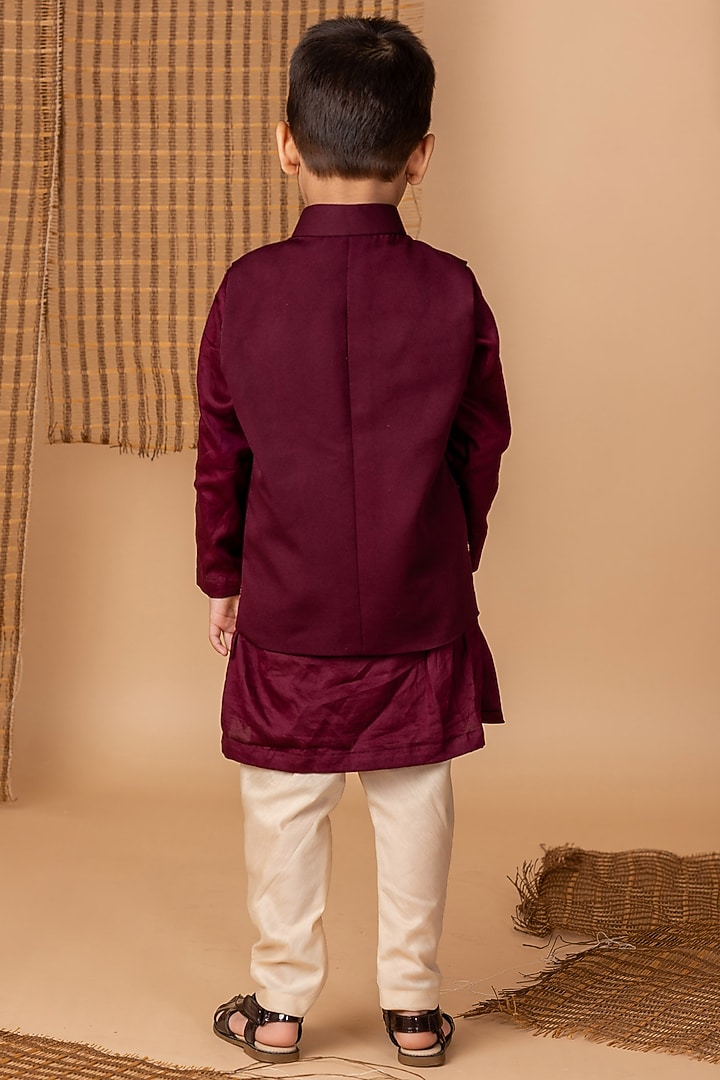 Wine Cotton Silk Dori Hand Embroidered Jacket Set For Boys by Li'l Angels at Pernia's Pop Up Shop