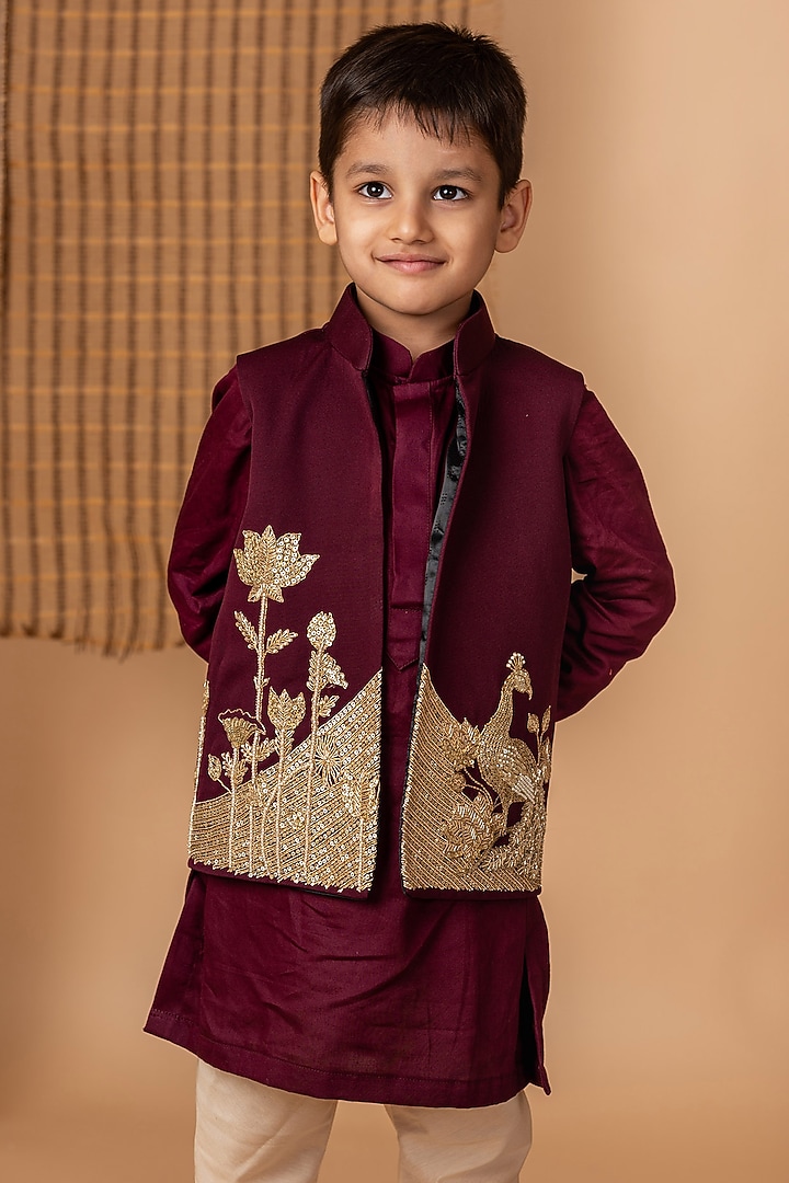 Wine Cotton Silk Dori Hand Embroidered Jacket Set For Boys by Li'l Angels at Pernia's Pop Up Shop