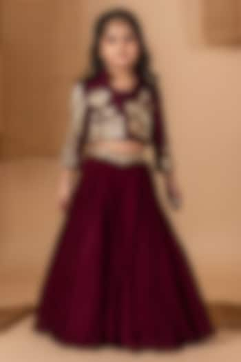 Wine Crepe Dori Hand Embroidered Jacket Lehenga Set For Girls by Li'l Angels at Pernia's Pop Up Shop