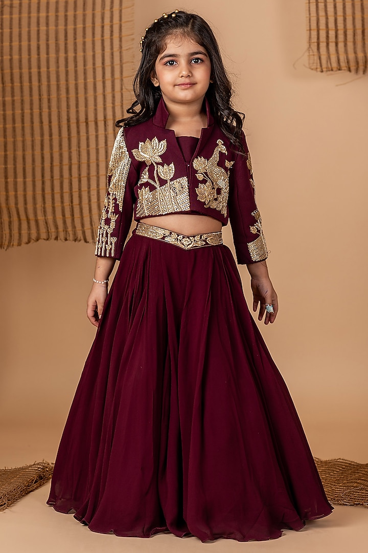 Wine Crepe Dori Hand Embroidered Jacket Lehenga Set For Girls by Li'l Angels at Pernia's Pop Up Shop